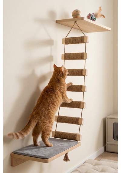 Ahşap Kedi Tırmanma Merdiveni Ve Duvar Köprüsü - Jüt İpli, 7 Basamak, 75 Cm