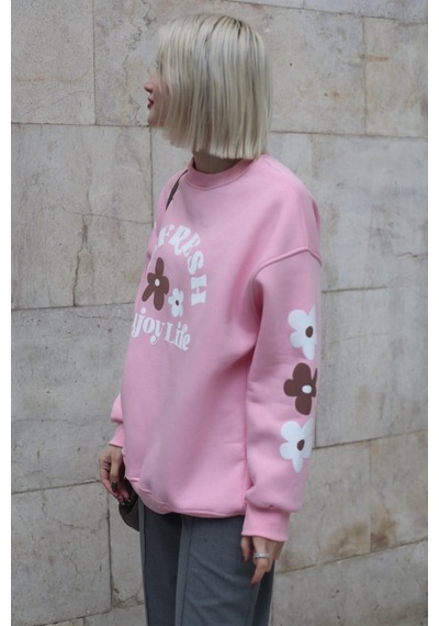 Pembe Bisiklet Yaka Baskılı Sweatshirt Mg1572