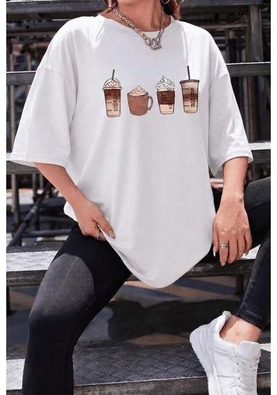 Coffee Lover Baskılı Unisex Oversize T-shirt - Büyük Beden Seçenekli Beyaz