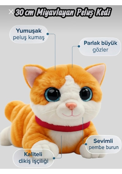 Sevimli Kedi Peluş Yavru Kedi Sesli Miyavlayan Peluş Kedi Uyku Arkadaşı 30 Cm Turuncu