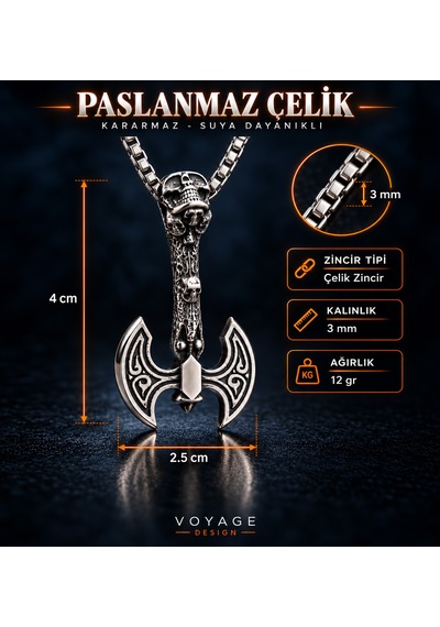 Paslanmaz Çelik Gotik Tarz Kurukafa Balta Kolye Gümüş