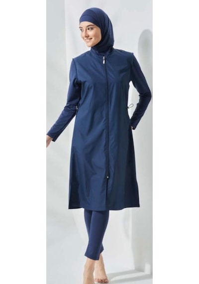 Seamay Allsea 3075 Lacivert 2 Li Kollar Lycralı Tam Boy Tesettür Mayo