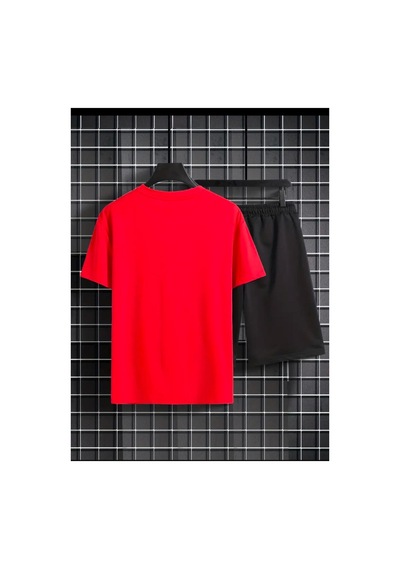 Medinenur Zar Baskılı T-shirt Short Bol Paça Rahat Kalıp Siyah Alt Siyah Üst Short Takım Kırmızı