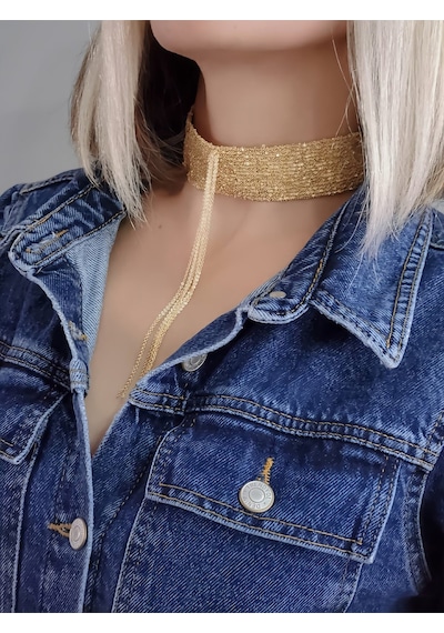 Eva Takı Store 15 Sıralı Zincir Dokuma Sallantılı Vücut Tasma Choker Gold El Yapımı Kolye Gold