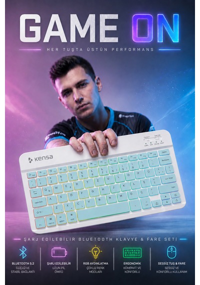 Tablet Ve Bilgisayar İçin Rgb Led Işıklı Taşınabilir Kablosuz Bluetooth Klavye Ve Dongle'lı Mouse Seti Mavi