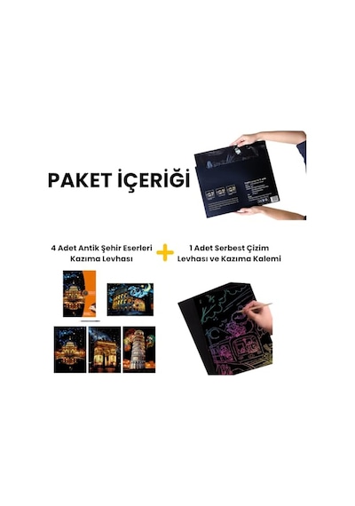 Scratch Art Kazıma Çizim Seti Antik Şehir Eserleri 4 Adet Ahşap Kalemli A3 Hobi & Sanat Tablosu