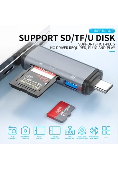 Otg Kart Okuyucu Type-c To Usb Uçlu Pc Bilgisayar Ve Notebook Uyumlu Mikro Sd Kart Okuyucu Usb A To Usb Cads-307 3in1