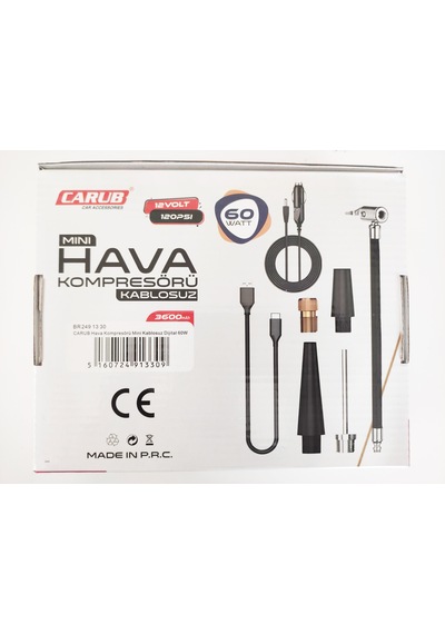 Carub BR249 13 30 12V 120Psi USB Typ-C 60 W Şarjlı Hava Kompresörü + 5 Aparat