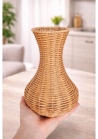 El Yapımı Hasır Vazo Doğal Rattan Dekoratif Saksı Bohem & Modern Ev Dekoru 23 Cm Açık Kahve
