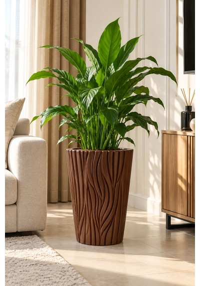 Ağaç Desenli Kahverengi Büyük Saksı 45 Cm 35 Cm Üst Çaplı Dekoratif İç Saksılı Salon Ve Ofis Saksısı -