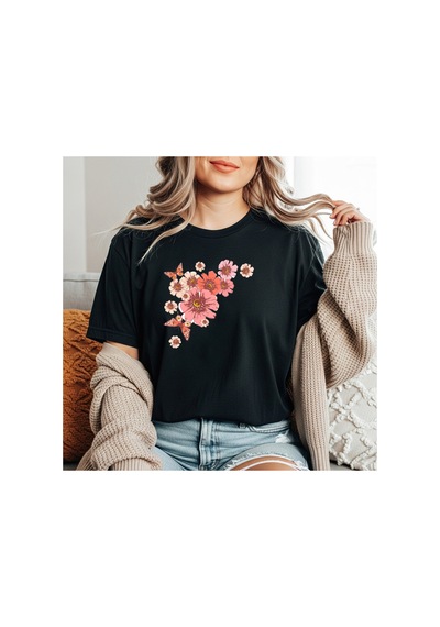 Herkesemoda Pembe Çiçekler Baskı Detaylı Basic T-shirt Siyah