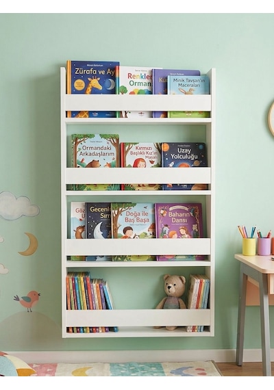 Montessori 4 Raflı Çocuk Kitaplığı Çok Amaçlı Dekoratif Duvar Rafı 120x60 Beyaz