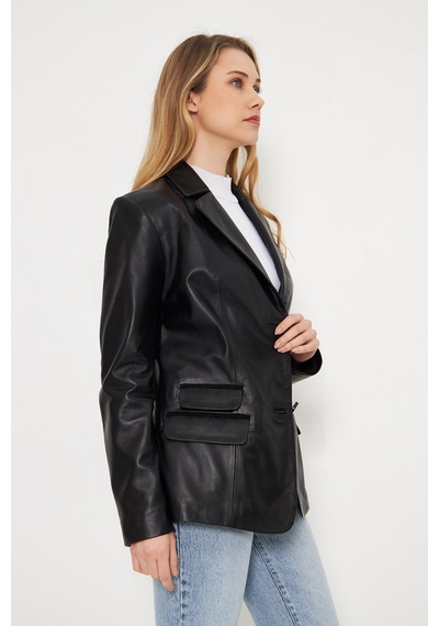 M M Marki Marki Kadın Hakiki Deri Blazer Ceket - Siyah, Düğme Kapamalı, Fit Kesim, 67 Cm - 116722