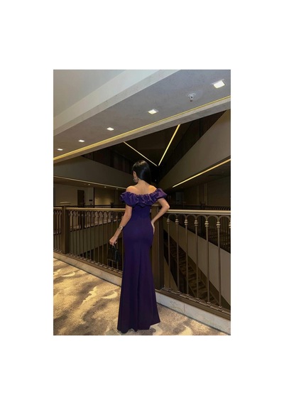 DefyModa Kadın Kare Yaka Yırtmaçlı Kısa Kollu Abiye Elbise Mor