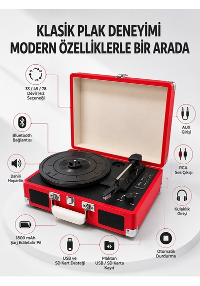 Bavul Tipi Plak Çalar 33 45 78 Devir Destekli Bluetooth Dahili Hoparlörlü Portatif Pikap Diğer