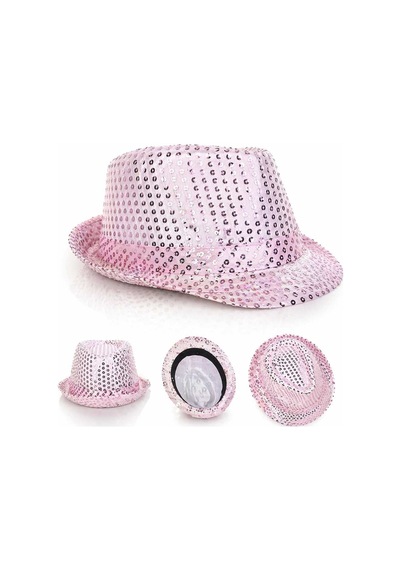 Pembe Payetli Disco Parti Şapkası Yetişkin Işıltılı Fötr Model Evimdeyokyok