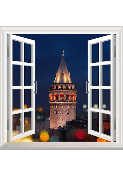 Pencere Poster Duvar Kağıdı Galata Kulesi Akşam Yapışkanlı Sticke