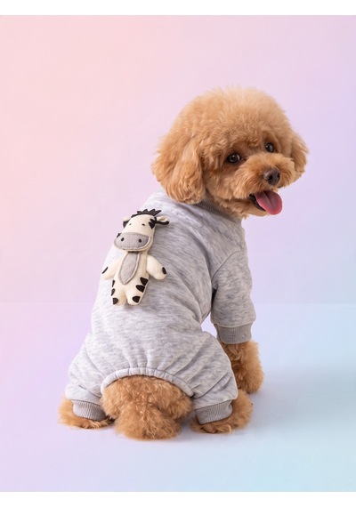 Moo Moo Cozy Köpek Tulumu Gri Melanj Kalın Penye Köpek Kıyafeti Yumuşak İnek Oyuncak Aksesuarlı