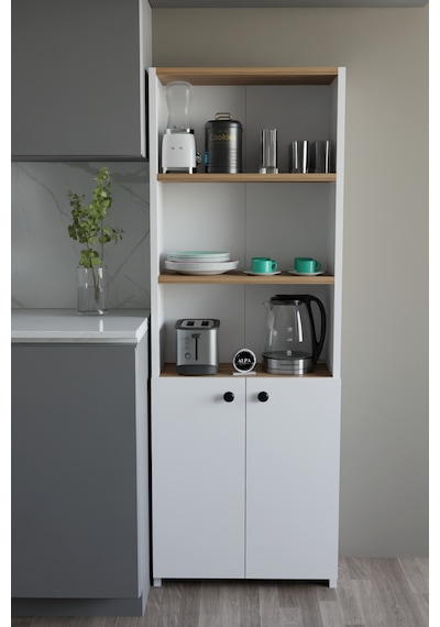 Kapaklı Çok Amaçlı Mutfak Dolabı 150x50x22 Cm - Raflı Erzak Dolabı Modern Depolama Ünitesi Beyaz - Atlantik Çam