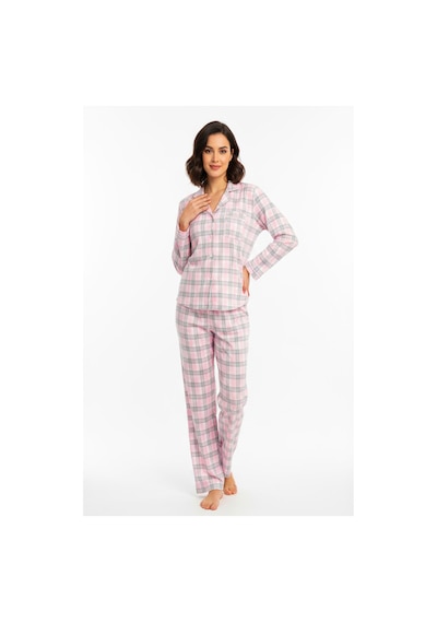 Bravie Luxury Viscose Pembe Ekose Desenli Kadın Uzun Kollu Büyük Beden Pijama Takımı 42531 Pembe