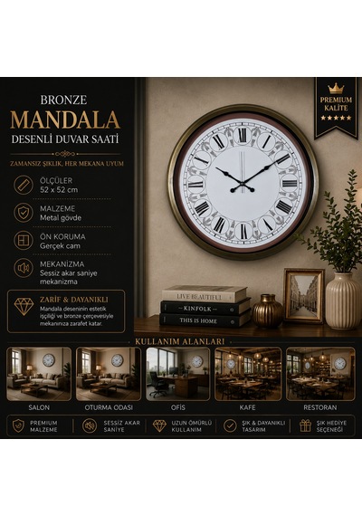 Bronze Mandala Desenli 52 X 52 Cm Duvar Saati Eskitme