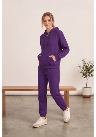 Moibody Kadın 3 İplik Şardonlu Eşofman Takımı Premium Kapüşonlu Sweatshirt Ve Jogger Alt Mor Mor