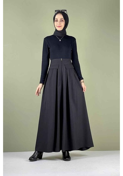 İbrahim Burak Etiler Collection Moda Çizgi Etek Siyah