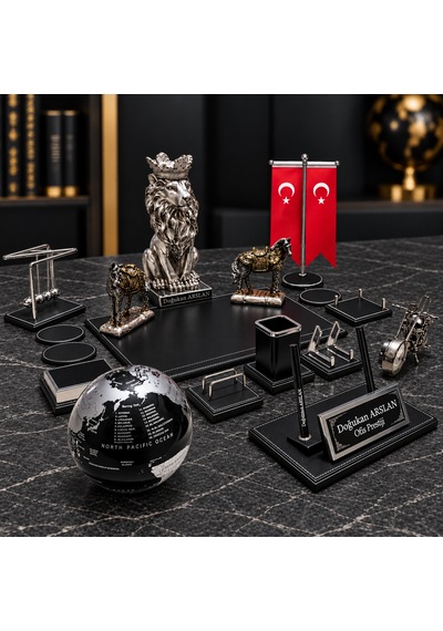 18 Parça Lüks Aslanlı Sümen Takımı Çift Kaplanlı Türk Bayraklı Kişiye Özel Makam Ofis Seti