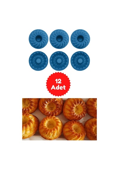 Mavi 12'li Silikon Mini Kek Kalıbı - Muffin Kalıbı 12 Adet Göbekli Kek Kalıbı Silikon Mavi Diğer
