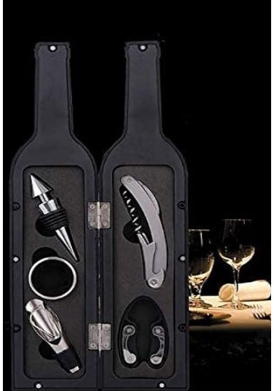 5 Parça Çelik Şişe Açacağı Seti Dekoratif Kılıf İle Şık Hediye Seti , Wine Opener Gift Set Siyah