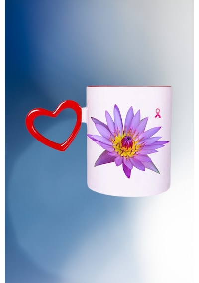 Lotus Çiçeği Baskılı Kalpli Kırmızı Kupa Bardak Çay Kahve Fincanı Beyaz