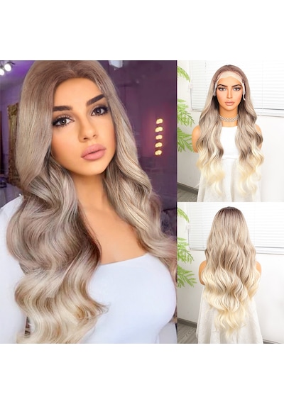Kumral Platin Ombre Ve Röfleli Fiber Sentetik Geniş Dalgalı Tül Peruk