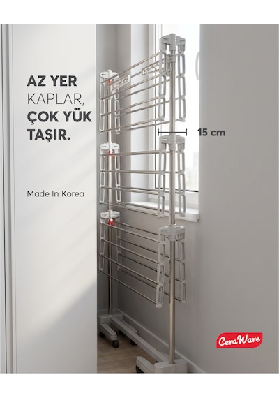 Home Lite Premium 3 Katlı Çamaşırlık Made in Korea Tekerlekli Çamaşır Kurutmalık Eco Gri