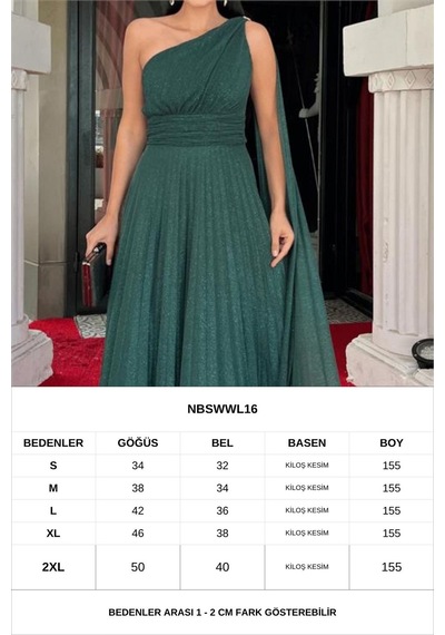 Neşeli Butik Kadın Yeşil Tek Omuz Pilise Detaylı Simli Tül Kumaş Abiye Elbise Nbswll16