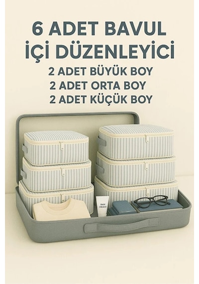 Serstil 6 Parça Bavul Organizer Filesiz Hurç Seti Valiz İçi Düzenleyici Hurç Ve Çanta Takımı - Gri Çizgili