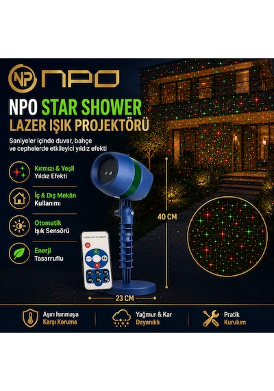 Npo Sh01 Star Shower Kırmızı Yeşil Lazer Işık Projektörü Kumandalı Bahçe Duvar Yıldız Efekti Lacivert