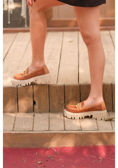 Mubiano Mb1170-tb Kalın Taban Lüx Süet Tokalı Taba Kadın Kolej Loafer Taba