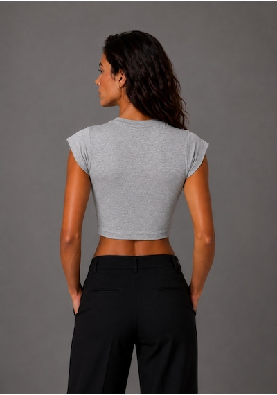 Parshey Kadın Crop Body Kısa Kollu Slim Fit Basic Crop Top Bisiklet Yaka Bluz Gri