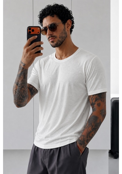 Tarz Cool Erkek Flamlı Pamuklu Bisiklet Yaka Basic Slim Fit Tişört Yazlık Günlük Şık Tişört Beyaz