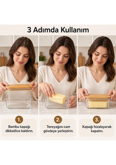Bambu Kapaklı Borosilikat Cam Tereyağı Kavanozu 12 8 5 Cm, Dikdörtgen Şeffaf Tereyağlık, Contalı Kapak, Kahvaltılık Saklama Ve Sunum Kabı, 1 Adet