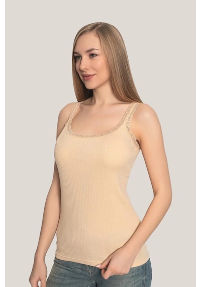 Astrid T Premium Günlük Üst Yazlık Giyim Yumuşak Bluz Kadın Dantelli Askılı Atlet Ten Rengi 3'lü Paket