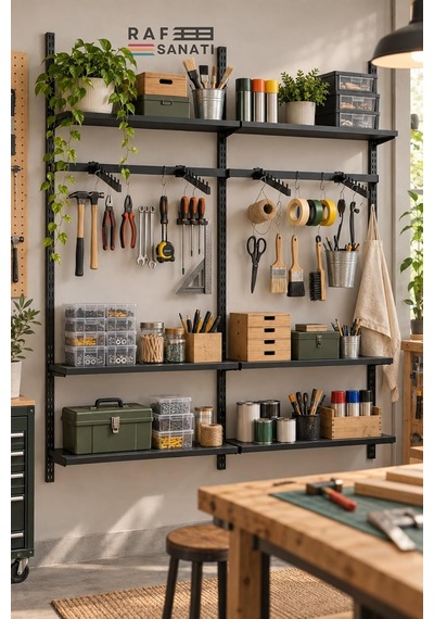 Tr 120 Cm Duvar Raf Askılık Sistemi 6 Raflı 2 Modül 200 Cm Konik Dikme Hazır Set Siyah Genel