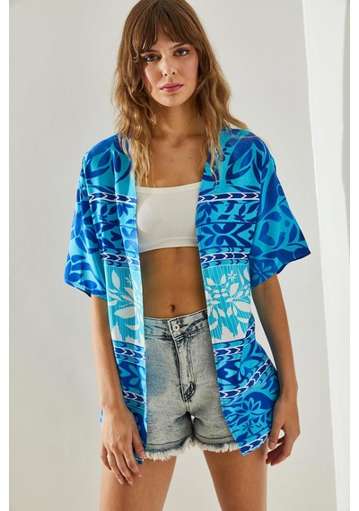 Shade Kadın Etnik Desenli Kısa Kollu Viskon Kimono 60251374 - Mavi