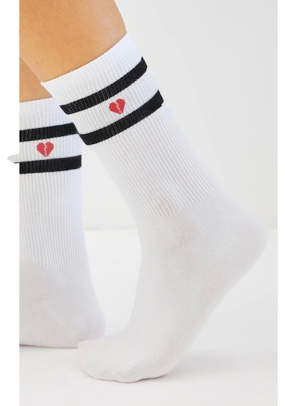 Bamboo Star Bambu Kadın Kalp Desenli Tenis Çizgili Premium Kolej Çorabı Beyaz Dikişsiz Soket Çorap 3'lü Paket