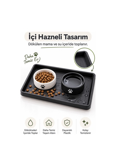 Kedi Köpek Mama Su Kabı Altlığı Yüksek Kenarlı Hazneli Tepsi Su Ve Mama Dökülmesini Önleyici Plastik Mat