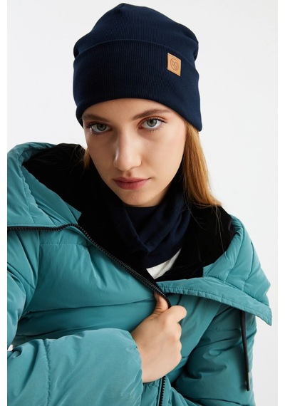 Butikgiz Kadın Balıkçı Style Pamuklu Kaşkorse Terletmez Ultra Hafif Yumuşak Bere Boyunluk Takım Lacivert