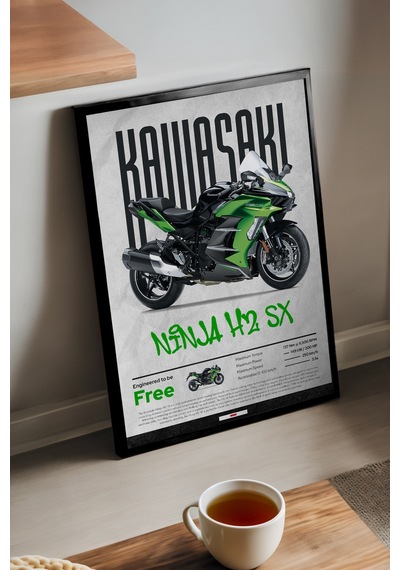 Kawasaki Ninja H2 Sx Siyah Ahşap Çerçeveli Poster, Dekoratif Motosiklet Duvar Tablosu