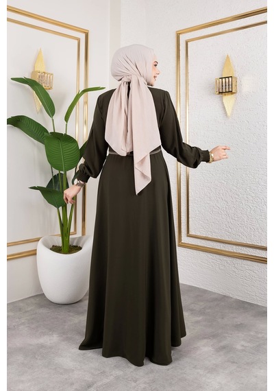 Nevayla Moda Yaka Ve Bel Nakış Detaylı Ferace - Haki / F0143 Haki
