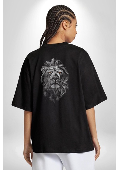 Aslan Karizma Sert Bakış Pamuklu Unisex Oversize Sırt Dijital Baskılı Siyah T-shirt Siyah