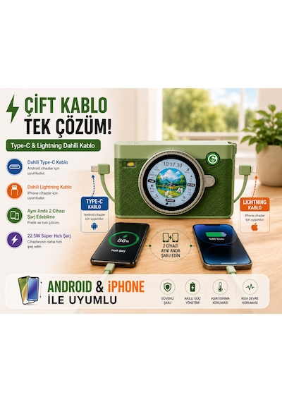 Smart Treasure M3 10000 Mah 22.5w Hızlı Şarjlı Powerbank Bluetooth Hoparlör 1.53 Dokunmatik Akıllı Ekranlı Taşınabilir Şarj Cihazı Yeşil